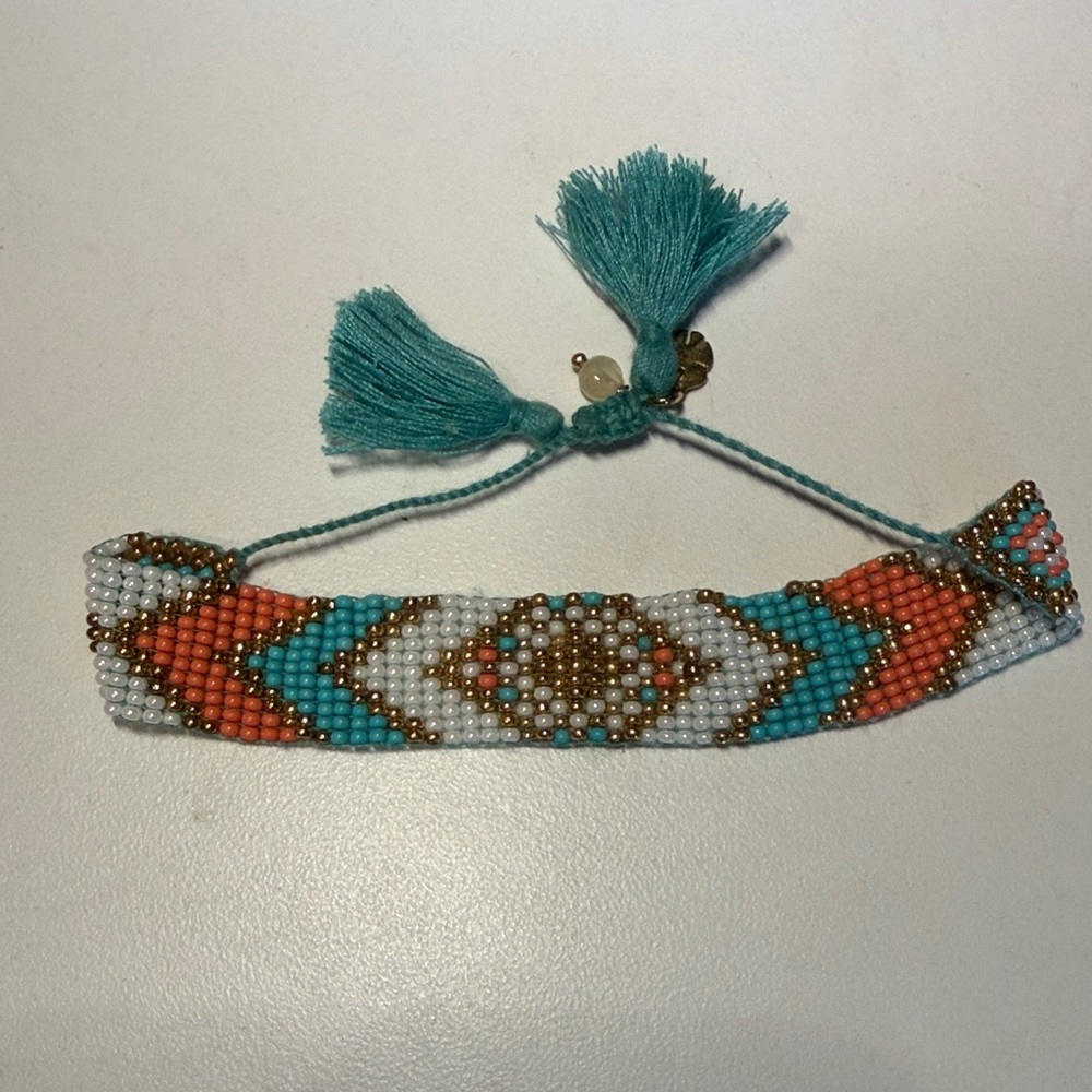 Handmade Turquoise & Coral Seed Bead Tassel Bracelet